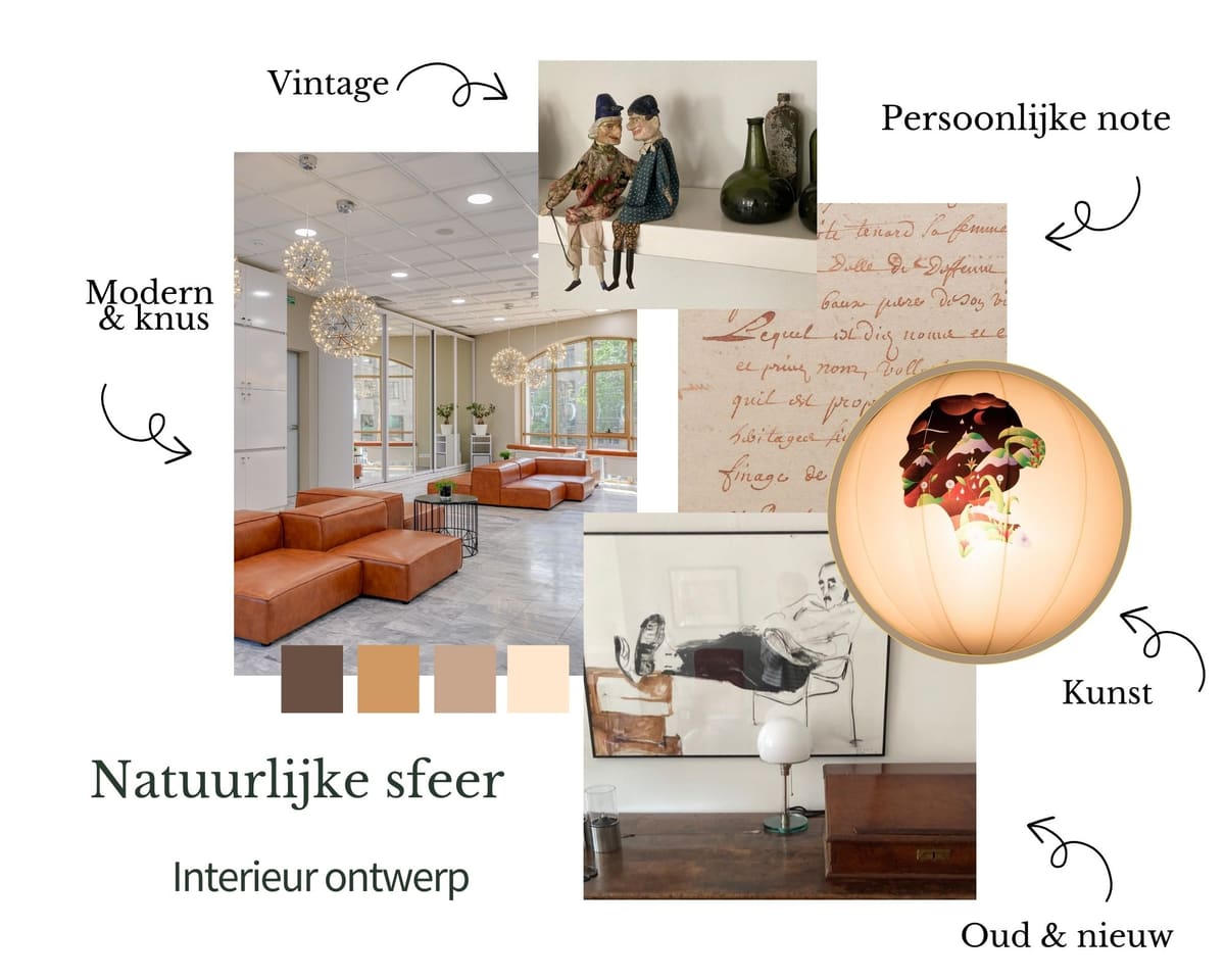Vintage Moodboard interieurontwerp met natuurlijke sfeer: vintage accenten, kunst en kleurenpalet